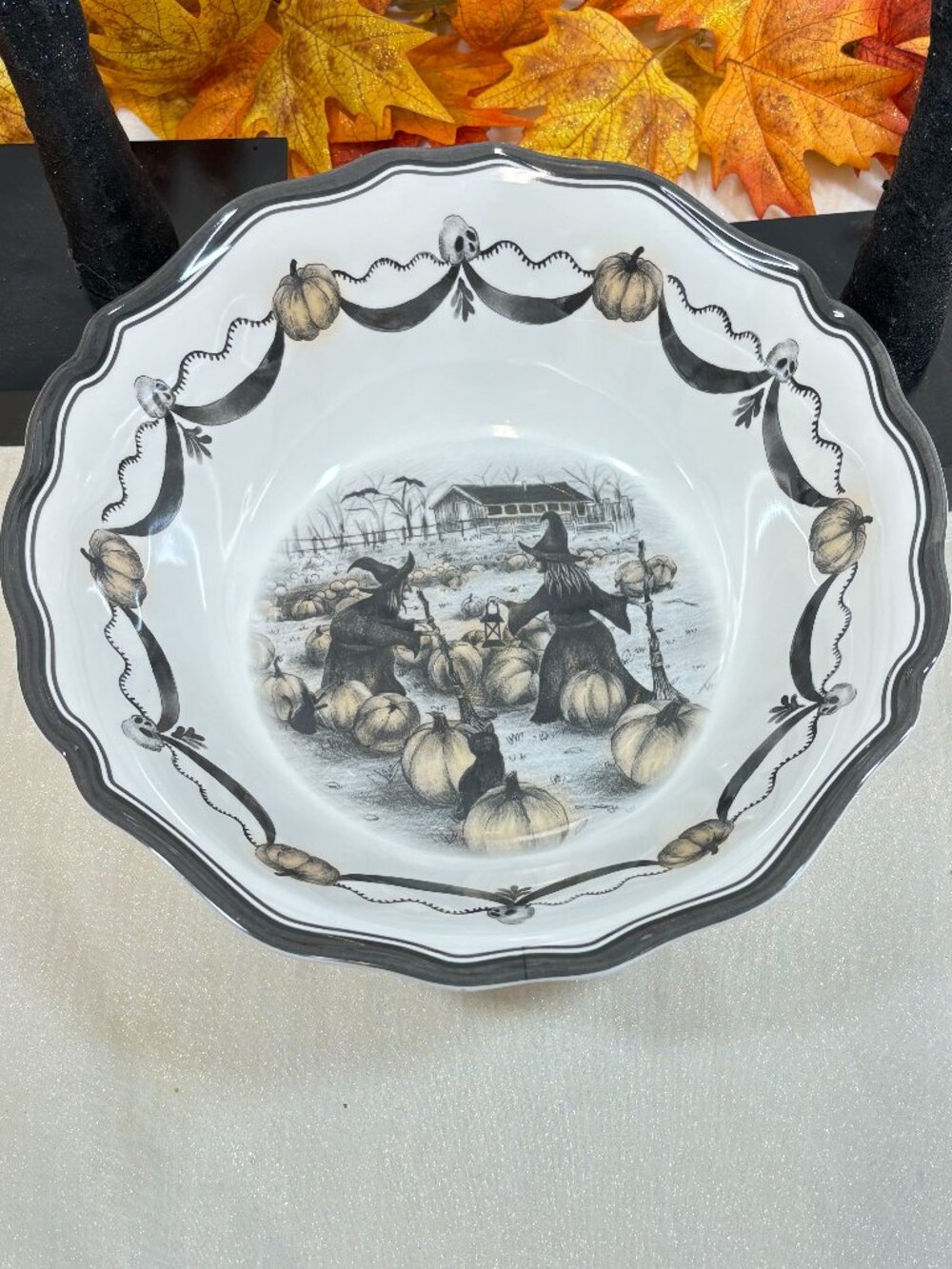 Halloween Melamine Witch Coven Black Cat Pumpkin Bats Deep Candy Serving Bowl